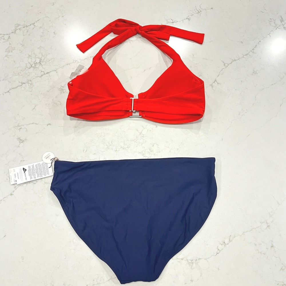 CALIA Bikini Set Womens L Blue Red Halter TIe Top Mid Rise Bottom UPF 50+